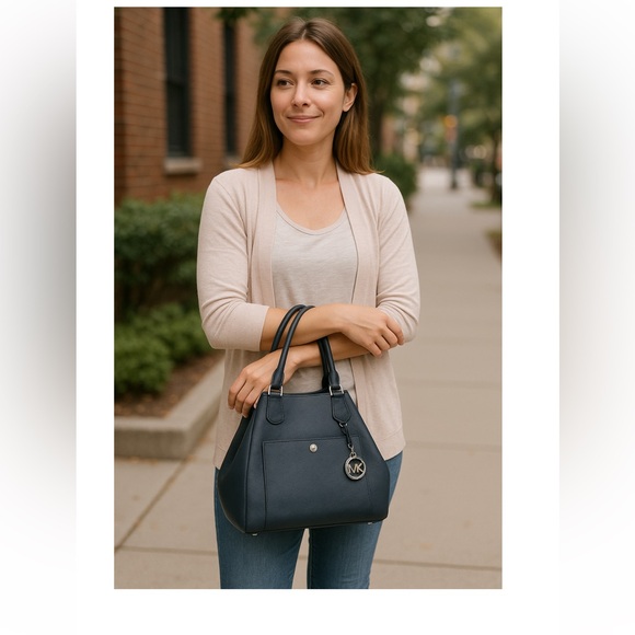 Authentic Michael Kors Blue Greenwich Saffiano Leather Satchel Crossbody Handbag - Picture 12 of 15